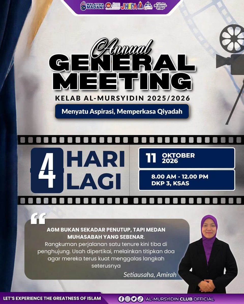 almursyidinclub's tweet photo. 📍 4 HARI LAGI📍

🪻 ROAD TO ANNUAL GENERAL MEETING AL-MURSYIDIN CLUB 2025/2026🪻

#AGMAMC25/26
#AMCPower³
#12TahunAMCUPSI
#Let'sExperienceTheGreatnessOfIslam https://t.co/KZSZt4vfAl