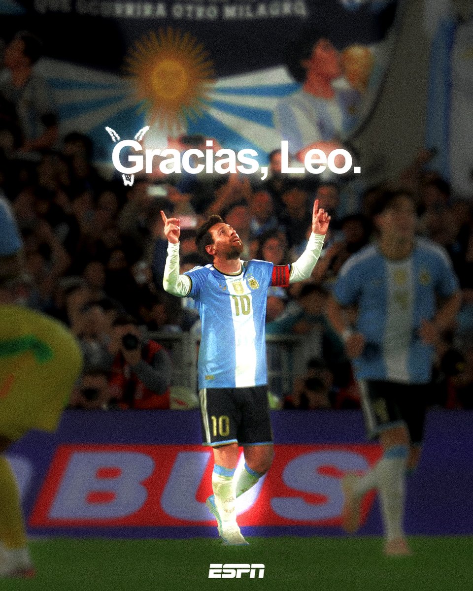 espn's tweet photo. 1 goal, 2 assists, one last service for Argentina 🇦🇷💙

Messi reaches 193 goal contributions in his final match for his country 🐐 https://t.co/04Fo9cef6Q