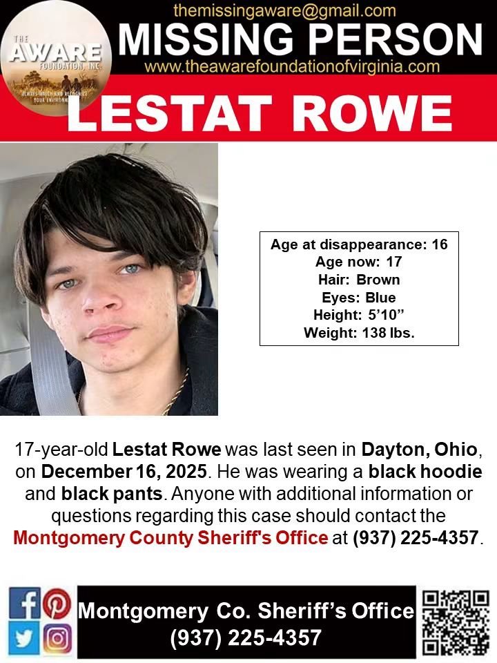 aware_the's tweet photo. 🚨 MISSING JUVENILE — LESTAT ROWE 🚨

The Montgomery County Sheriff's Office Dayton Ohio is asking for the public’s assistance in locating 17-year-old Lestat Rowe, who was last seen in Dayton, Ohio, on December 16, 2025.

Lestat was last seen wearing a black hoodie and black pants.

Anyone with information regarding Lestat’s whereabouts or this case is asked to contact the Montgomery County Sheriff’s Office at (937) 225-4357.

📞 If you have any information, please contact law enforcement.

#Missing #MissingJuvenile #MissingChild #LestatRowe #DaytonOhio #Ohio #MontgomeryCountySheriffsOffice #TheAWAREFoundationInc