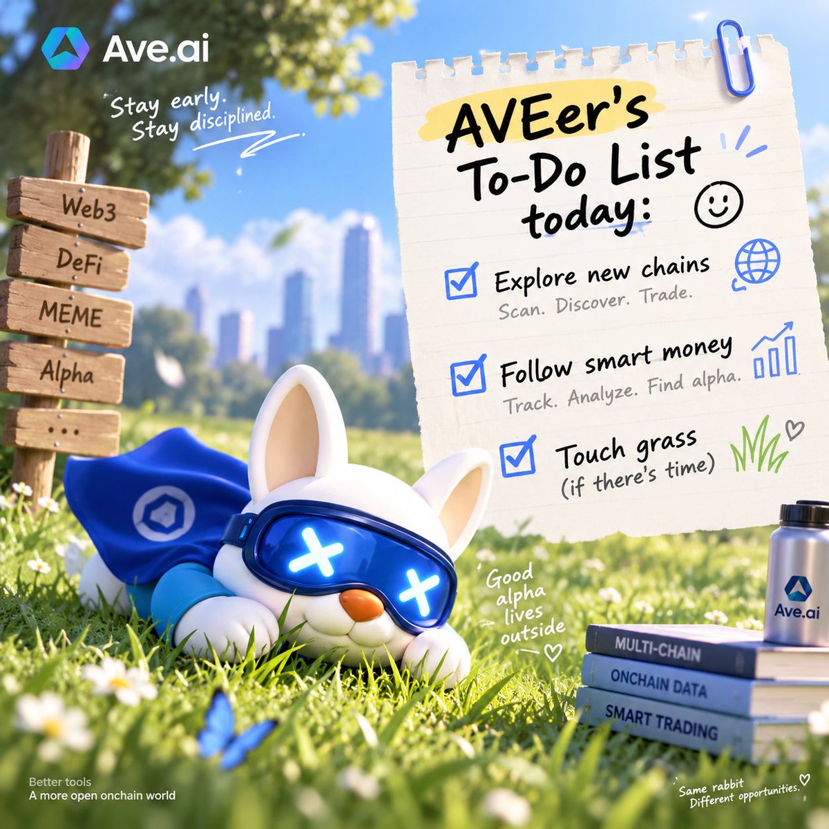 AveaiGlobal's tweet photo. AVEer’s to-do list today:

* Scan every chain
* Follow the smart money
* Find alpha before CT does
* Touch grass if there’s time https://t.co/ROtDx7Tf5y