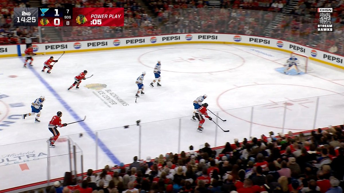 Hockey players in red and white jerseys skate toward the goal against a team in white and blue during a Chicago Blackhawks broadcast, with the scoreboard showing the Blues leading 1-0 with 14:25 left in the 2nd period and :06 remaining on a power play, capturing the moment before Sam Rinzel ties the game.