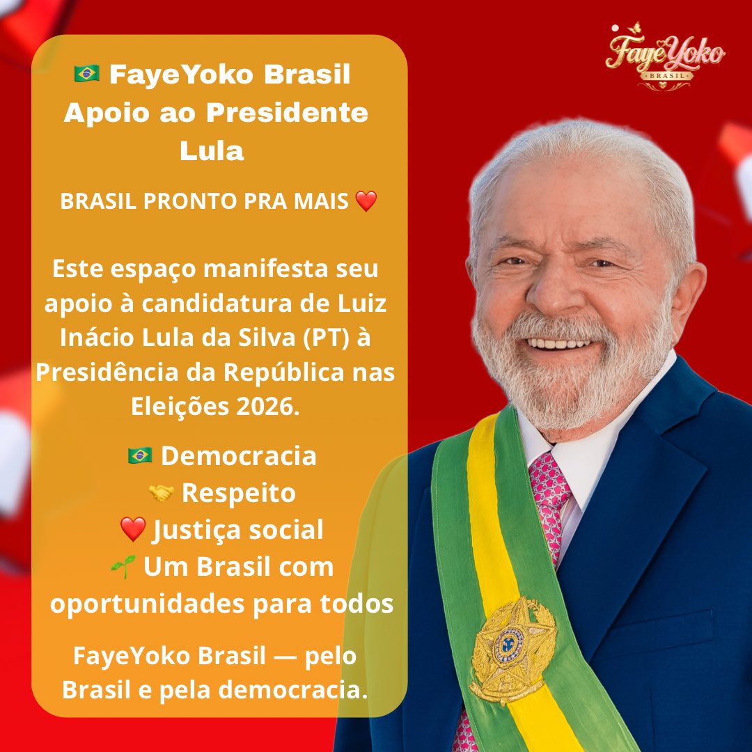 Faye_YokoBrasil's tweet photo. Juntos com o presidente Lula, vamos construir um Brasil mais justo e igualitário, onde cada cidadão tenha oportunidades e um futuro promissor.

@LulaOficial 

#FayeYokoBrasil #Lula13 #BrasilProntoPraMais #Eleições2026 https://t.co/nfwkAuqEve