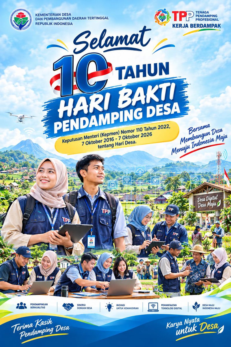 sohibipin's tweet photo. SELAMAT Hari Bakti Pendamping Desa 7 Oktober 2026.. Pendamping Desa hadir untuk mendampingi, menguatkan dan turut serta memandirikan Desa

#KementerianDesaPDT
#BPSDMKementerianDesaPDT
#TPPKerjaBerdampak
#BangunDesaBangunIndonesi https://t.co/KxFyA2THcD
