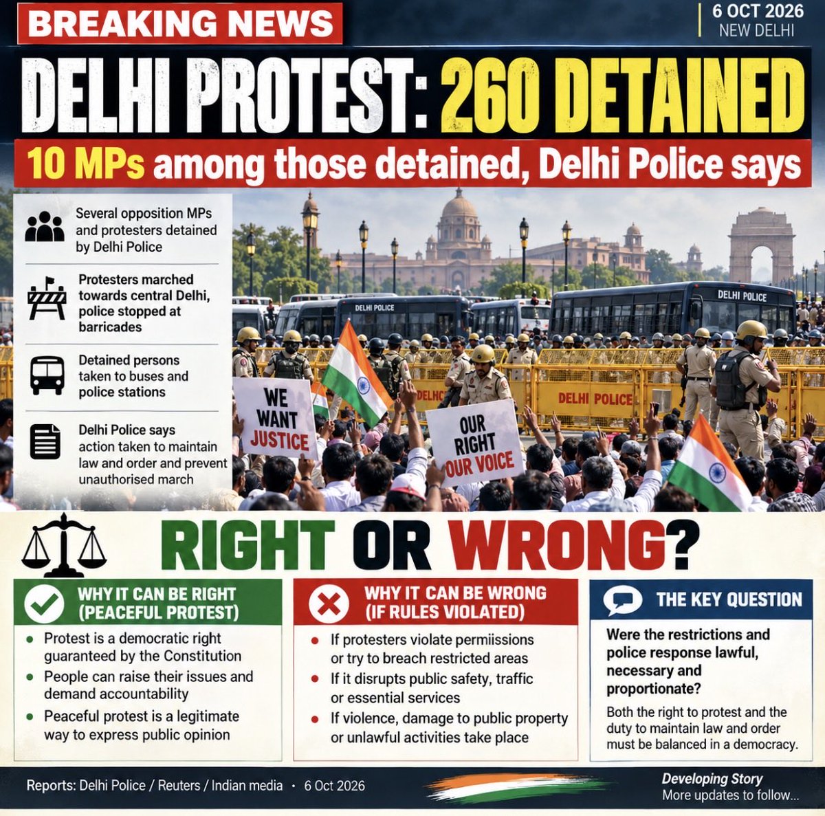 creatormuhal's tweet photo. 🚨 DELHI PROTEST UPDATE | 6 OCT 2026

Delhi Police said around 260 people, including 10 MPs, were detained during an INDIA bloc march towards the Election Commission. Police said protesters breached barricades and continued despite restrictions under Section 163 of the BNSS. The detainees were taken to different police stations. (The Times of India⁠)

⚖️ RIGHT OR WRONG?

A democratic protest is a legitimate way to raise public concerns. But protesters must also follow lawful restrictions, while police action should be lawful, necessary and proportionate.

The real question is not simply “Police right or protesters right?” — it is:

👉 Were the restrictions lawful?
👉 Was the police response proportionate?
👉 Were protesters peaceful, or did anyone breach the law?

What do you think — RIGHT ✅ or WRONG ❌?

🇮🇳 Democracy needs both the right to protest and the rule of law.

#DelhiProtest #DelhiPolice #India #Democracy #Protest #ElectionCommission #RahulGandhi #IndianPolitics #BreakingNews⁠