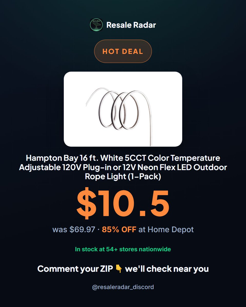 ResaleRadar8's tweet photo. Hampton Bay 16ft neon rope light: $10.50 (was $69.97) at Home Depot. 54+ stores in stock. 5CCT adjustable, plug-in or 12V. Landscape resellers: this flips. Check local. #ClearanceDeal #HomeDepot

Verify price, grab yours. Link in bio. #clearance #deals https://t.co/dRJfZGSDUP