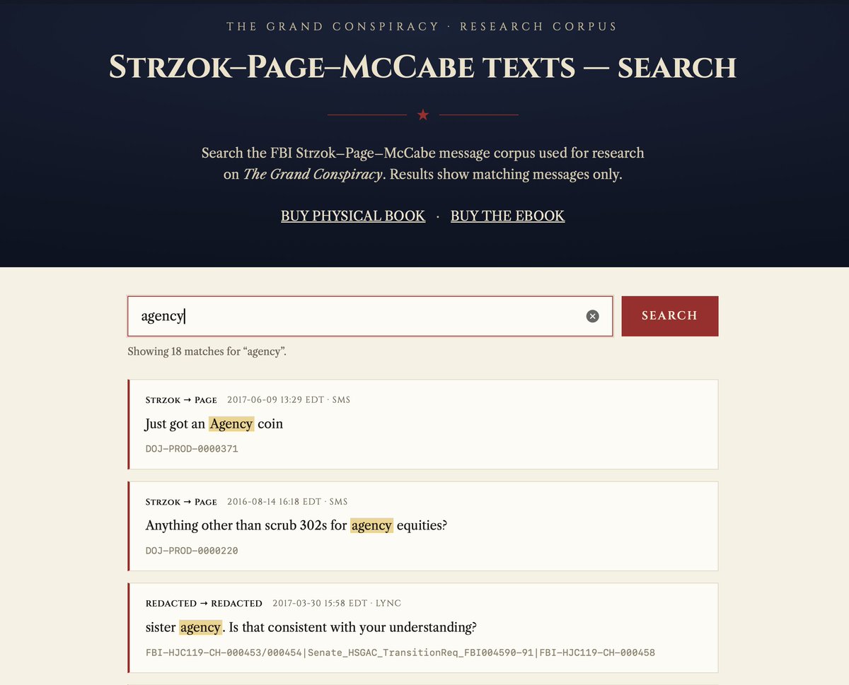 RealSLokhova's tweet photo. I built the full Strzok-Page-McCabe messages database to accompany my new book, Obama's Grand Conspiracy https://t.co/SZz91di1xH with the help of Grok @bot 

I went through years of releases, redactions etc. to present you with easy-to-research database. 

It's fully searchable: you can look for messages re CIA (or Agency), Obama, Trump, etc. 

Please consider purchasing my book to support this project! 

https://t.co/LRChK5x7dg