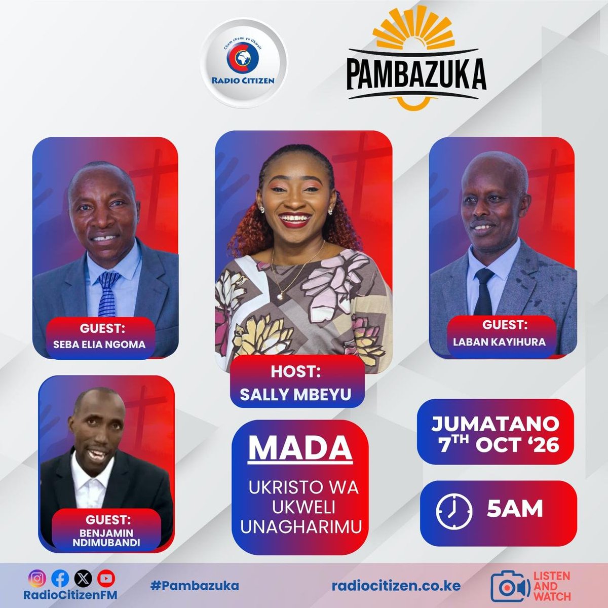RadioCitizenFM's tweet photo. Ukristo wa kweli una gharimu. Je uko tayari kulipa gharama?

Ni wakati wa neno kutoka kwa Wanamatengenezo ndani ya #Pambazuka na Sally Mbeyu 
#RadioNumberOne. https://t.co/DrTWFDjEEp