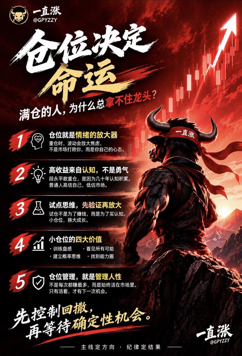 GPYZZY's tweet photo. 真正的交易高手

不靠满仓暴富，只靠仓位活着？

《一个交易者的仓位进化论》

真正让你亏钱的，不是行情，而是仓位。

很多人以为：

满仓，才能赚大钱。

但市场里恰恰相反：

越想靠一把重仓改变命运的人，往往越拿不住真正的大行情。

因为决定收益的，从来不是仓位，而是心态。

⸻

仓位，就是情绪的放大器。

轻仓的时候：

你看的是趋势，等的是逻辑，尊重的是市场。

重仓的时候：

你盯的是盈亏，怕的是回撤，计算的是账户。

同样5%的波动，

轻仓觉得正常，

重仓却像世界末日。

于是：

上涨一点就急着兑现，

回调一点就怀疑人生，

最后不是市场把你洗出去，

而是焦虑把你赶出去。

仓位一重，人性就开始接管交易。

⸻

为什么很多人拿不住龙头？

因为仓位超过了承受能力。

不是不会分析，

不是不会看K线，

而是每天账户几十万、几百万波动，

足以让任何一个普通人的认知失真。

很多交易者输的不是技术，

而是心理承载能力。

⸻

段永平为什么敢重仓苹果？

很多人只看到了结果：

几十倍收益。

却忽略了前提：

他买的是几十年认知积累。

重仓，

不是勇敢，

而是认知兑现。

普通人最大的错误，

就是高估自己的能力，

低估市场的不确定性。

能力只有60分，却用了120分的仓位。

⸻

真正成熟的交易者，都懂得先试仓。

我一直相信：

试仓不是为了赚钱，而是为了买认知。

国家重大改革，

都会先试点。

交易也是一样。

先投入小资金，

观察市场是否认可你的逻辑。

市场认可，

再逐步加仓。

市场否定，

小亏离场。

先验证，再放大。

这是所有优秀交易者共同的思维方式。

⸻

小仓位最大的价值，不是风险小，而是成长快。

它能帮你完成四件事：

① 训练真实盘感。

看盘和持仓，

完全是两种游戏。

只有真金白银进场，

你才能真正理解资金情绪。

② 看见市场所有可能。

上涨、下跌、

震荡、急拉、

跳水、反包……

只有经历，

才会形成经验。

③ 建立概率思维。

市场没有100%。

只有：

哪一种情况下，

成功率更高。

④ 找到自己的能力圈。

什么行情属于自己，

什么行情看不懂，

比赚多少钱更重要。

看不懂，不做。

这是仓位管理最重要的一条纪律。

⸻

仓位，本质上是在管理人性。

仓位太轻，

容易贪。

仓位太重，

容易怕。

真正优秀的交易者，

不是每次都赚最多，

而是始终活在市场里。

因为：

只有活着，才有下一次机会。

⸻

我越来越认可一句话：

仓位不是用来放大利润的，而是用来保护认知的。

当你能够接受：

别人翻倍，

自己只赚15%。

别人满仓冲锋，

自己耐心等待。

别人恐慌割肉，

自己还有现金。

那说明，

你开始真正理解交易了。

⸻

一直涨认为：

交易最大的风险，从来不是看错方向，而是用错误的仓位，去赌一个正确的逻辑。

先控制回撤，再等待确定性机会。

主线定方向，纪律定结果。