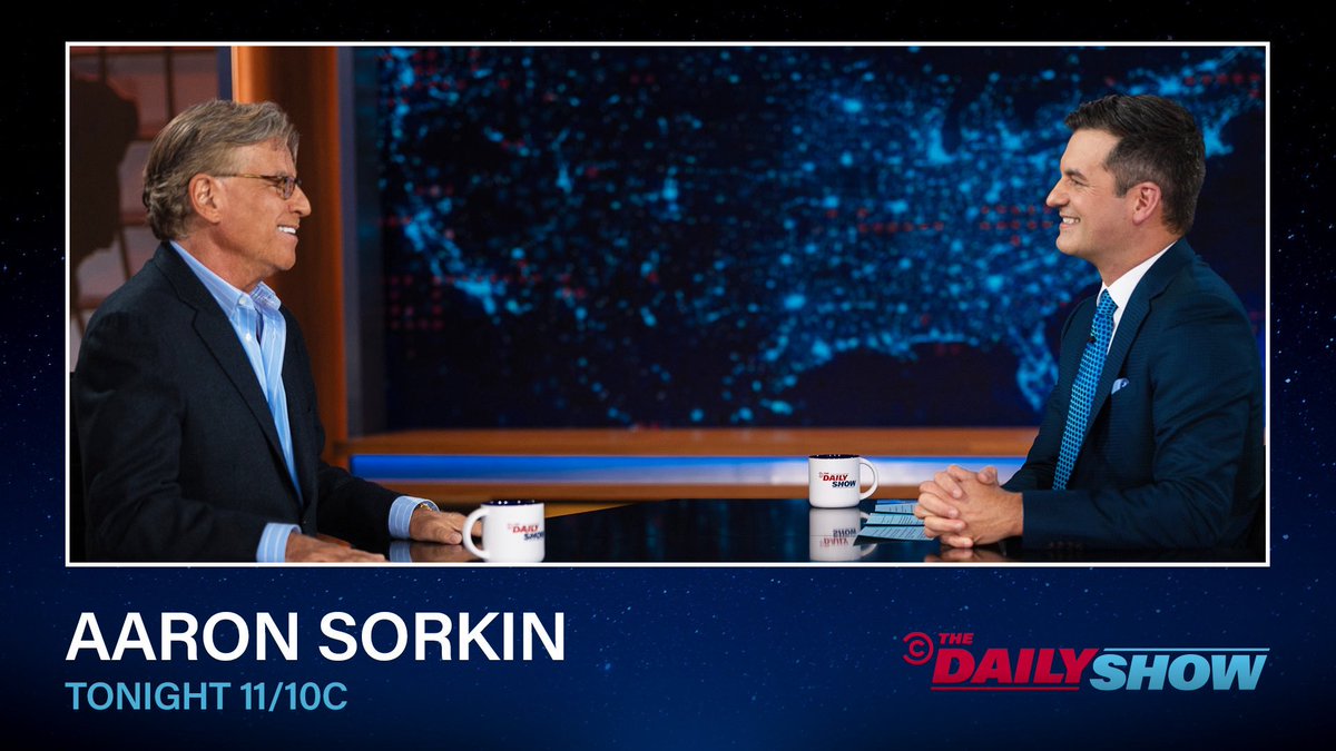 TheDailyShow's tweet photo. TONIGHT: Academy Award-winning screenwriter Aaron Sorkin discusses revisiting Mark Zuckerberg 16 years after “The Social Network” in his new film, “The Social Reckoning” https://t.co/RQRZei92dY