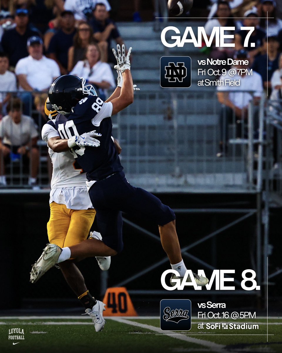 LoyolaFB's tweet photo. Still on a mission. #GoCubs

🆚 | Game 7 vs Notre Dame
🗓️ | Fri, Oct. 9 • 7PM
📍 | Smith Field
📰 | https://t.co/tso0pqo0bZ
🎟️ | https://t.co/hQfrhneHTg

🆚 | Game 8 vs Serra
🗓️ | Fri, Oct. 16 • 5PM
🏟️ | SoFi Stadium
📰 | https://t.co/uANqgn6trU
🎟️ | https://t.co/m2Lo31567Y https://t.co/33TGfNdn1I