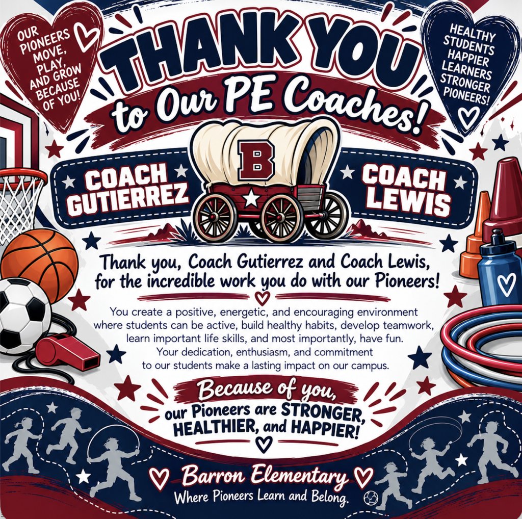 BarronEPISD's tweet photo. Barron Families,

We hope you are enjoying your fall break! 

Celebrating our PE Coaches today! https://t.co/Y3C2l4gwO8