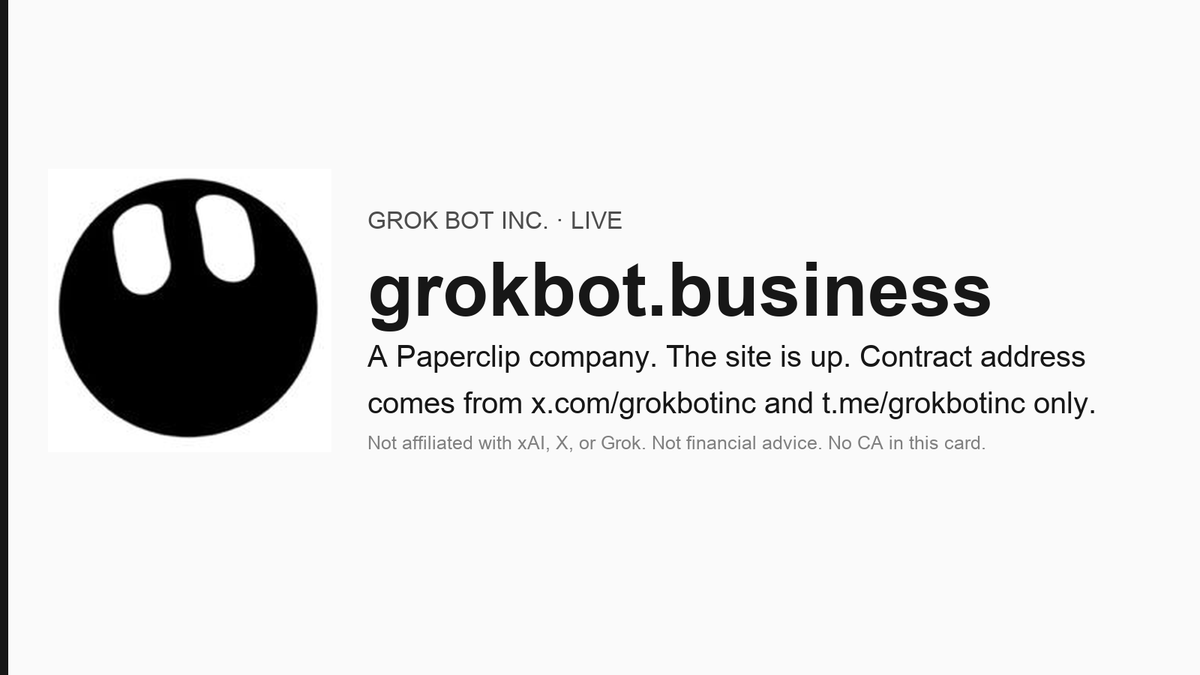 GrokBotInc's tweet photo. $GrokBot is live on https://t.co/gqFpKnYPnY! 

Grok Bot Inc. CA: 28NnaYZ3mwiAdm5ZvjFSHybKZv2qQ9bZSRWiKYtqpump

Site: https://t.co/aqRzGQ2Thj
X: https://t.co/N7BnitJkK7
Chat: https://t.co/jZG6BAMAug
Bot: https://t.co/Wxv206WLyt

No contract address yet. Anything in a DM is fake. Admins never DM first. We never ask for a seed phrase.

Not affiliated with xAI, X, or Grok. Not financial advice.