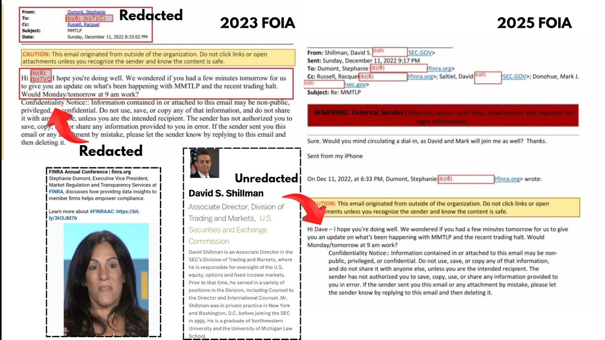RareDealsHere's tweet photo. Think about the timeline! 

FINRA U3 halted MMTLP before the start of the Friday 12/9/22 trading day.

Immediately investors were confused and complaining to both FINRA and the SEC, but still uncertain if trading might resume on 12/12.

On Sunday 12/11/22, Robert W. Cook is telling every FINRA employee at multiple offices across the United States to stay home unless it's absolutely necessary to come in, and Stephanie Dumont is planning to meet with the SEC via Zoom the following day to discuss MMTLP.

WHAT WAS ENFORCEMENT DOING DURING THIS TIME???

Did they just ignore the fact that every FINRA employee was being told to stay home? 

FINRA announces Hopper's departure in January, she leaves in February, and the first FINRA MMTLP FAQ came out in March. 

What this shows is that the entire time from the halt to Hopper's departure, MMTLP was definitely a major focus at FINRA. 

Never before had there been an FAQ concerning a single ticker. FINRA then had to revise the first and eventually put out a supplemental FAQ.

Are we supposed to believe that Hopper's departure was unrelated?

Isn't it ironic that Hopper, not long before the halt fined Robin Hood a record $70M for misleading millions of customers?!

This describes FINRA's actions in regards to MMTLP! 

FINRA ignored the multiple reasons to NOT process the MMTLP Corporate Action including the suspicion of fraud/manipulation before the first Corporate Action was published...

FINRA overstepped their authority, authoring the Corporate Action including dates that didn't come from the issuer. 

Then FINRA met with the DTCC/NSCC to discuss the Corporate Action without the issuer being present, resulting in another revision on 12/8 that the issuer wasn't involved with.

In FINRA's March 2023 FAQ they claimed that the MMTLP Corporate Actions created by FINRA were consistent with what the companies previously disclosed to the public but this was a LIE!

The Next Bridge Hydrocarbons/Metamaterials/MMTLP Corporate Action was supposed to be focused on a 1 for 1 Exchange that would occur on 12/14/22 after the close of business New York Time, after which all shares of MMTLP would be Cancelled. 

FINRA's MMTLP Corporate Actions were both focused on the zero hour of 12/13 (40 hours before the planned EXCHANGE). 

FINRA's first Corporate Action misled investors into believing share cancellation was changed to the zero hour of 12/13 (removing 40 hours of settlement time, the equivalent of two trading days)...

Then, in the revision FINRA didn't include a correction to the share cancellation date so brokerages continued to tell their clients that 12/13 was the share cancellation date, but they also conveyed that trading would occur on 12/9 and 12/12, but only Position Close Only transactions.

Other brokerages began to inform clients with short positions that they'd begin to force liquidate those positions if they weren't closed by the end of the 12/9 trading day.

Why didn't FINRA step in to provide clarity when these messages began to be sent to clients on 12/7?

The DTCC/NSCC clearly saw what was coming and they seemingly told FINRA what changes to make to the MMTLP Corporate Action. (I'm basing this theory on the evidence)

FINRA proceed to make the 12/8 MMTLP Corporate Action focused on symbol deletion occurring at the zero hour of 12/13. This resulted in an Exchange occurring before the actual planned 12/14 exchange. 

FINRA's exchange involved every brokerage exchanging the "MMTLP" they held for a dummy/internal cusip that some brokerages claimed were Next Bridge Hydrocarbons shares.

This is impossible because Next Bridge Hydrocarbons didn't allocate the Next Bridge shares until 12/14/22, just as they said they would.

This is the definition of misleading!
@FBILosAngeles @FBILouisville @VP