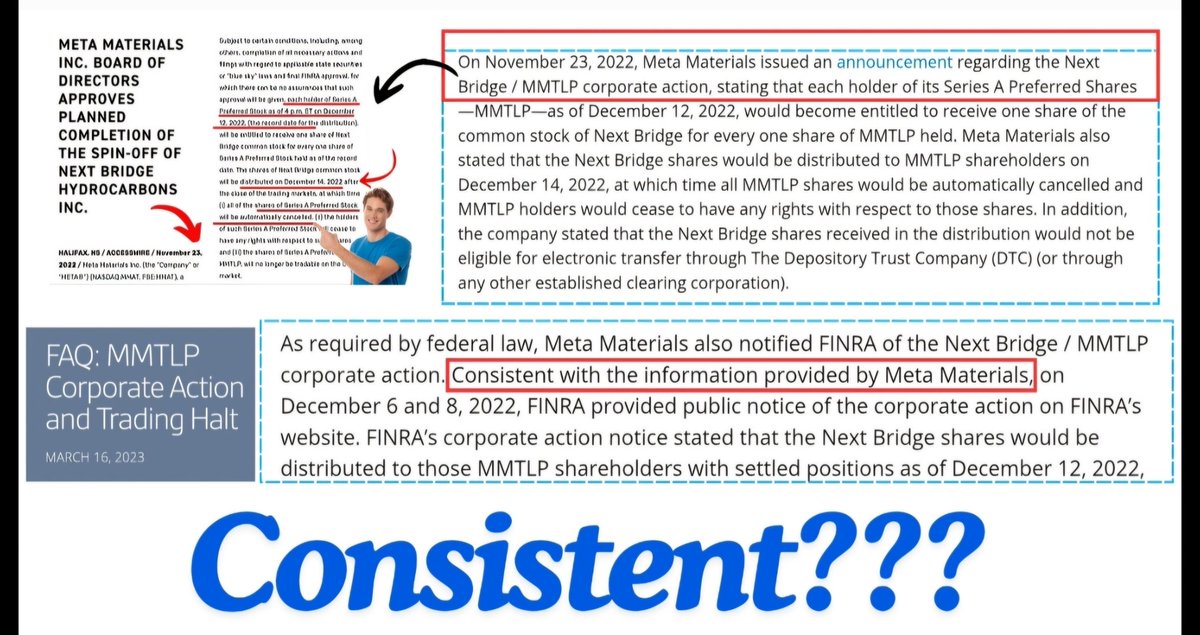 RareDealsHere's tweet photo. Think about the timeline! 

FINRA U3 halted MMTLP before the start of the Friday 12/9/22 trading day.

Immediately investors were confused and complaining to both FINRA and the SEC, but still uncertain if trading might resume on 12/12.

On Sunday 12/11/22, Robert W. Cook is telling every FINRA employee at multiple offices across the United States to stay home unless it's absolutely necessary to come in, and Stephanie Dumont is planning to meet with the SEC via Zoom the following day to discuss MMTLP.

WHAT WAS ENFORCEMENT DOING DURING THIS TIME???

Did they just ignore the fact that every FINRA employee was being told to stay home? 

FINRA announces Hopper's departure in January, she leaves in February, and the first FINRA MMTLP FAQ came out in March. 

What this shows is that the entire time from the halt to Hopper's departure, MMTLP was definitely a major focus at FINRA. 

Never before had there been an FAQ concerning a single ticker. FINRA then had to revise the first and eventually put out a supplemental FAQ.

Are we supposed to believe that Hopper's departure was unrelated?

Isn't it ironic that Hopper, not long before the halt fined Robin Hood a record $70M for misleading millions of customers?!

This describes FINRA's actions in regards to MMTLP! 

FINRA ignored the multiple reasons to NOT process the MMTLP Corporate Action including the suspicion of fraud/manipulation before the first Corporate Action was published...

FINRA overstepped their authority, authoring the Corporate Action including dates that didn't come from the issuer. 

Then FINRA met with the DTCC/NSCC to discuss the Corporate Action without the issuer being present, resulting in another revision on 12/8 that the issuer wasn't involved with.

In FINRA's March 2023 FAQ they claimed that the MMTLP Corporate Actions created by FINRA were consistent with what the companies previously disclosed to the public but this was a LIE!

The Next Bridge Hydrocarbons/Metamaterials/MMTLP Corporate Action was supposed to be focused on a 1 for 1 Exchange that would occur on 12/14/22 after the close of business New York Time, after which all shares of MMTLP would be Cancelled. 

FINRA's MMTLP Corporate Actions were both focused on the zero hour of 12/13 (40 hours before the planned EXCHANGE). 

FINRA's first Corporate Action misled investors into believing share cancellation was changed to the zero hour of 12/13 (removing 40 hours of settlement time, the equivalent of two trading days)...

Then, in the revision FINRA didn't include a correction to the share cancellation date so brokerages continued to tell their clients that 12/13 was the share cancellation date, but they also conveyed that trading would occur on 12/9 and 12/12, but only Position Close Only transactions.

Other brokerages began to inform clients with short positions that they'd begin to force liquidate those positions if they weren't closed by the end of the 12/9 trading day.

Why didn't FINRA step in to provide clarity when these messages began to be sent to clients on 12/7?

The DTCC/NSCC clearly saw what was coming and they seemingly told FINRA what changes to make to the MMTLP Corporate Action. (I'm basing this theory on the evidence)

FINRA proceed to make the 12/8 MMTLP Corporate Action focused on symbol deletion occurring at the zero hour of 12/13. This resulted in an Exchange occurring before the actual planned 12/14 exchange. 

FINRA's exchange involved every brokerage exchanging the "MMTLP" they held for a dummy/internal cusip that some brokerages claimed were Next Bridge Hydrocarbons shares.

This is impossible because Next Bridge Hydrocarbons didn't allocate the Next Bridge shares until 12/14/22, just as they said they would.

This is the definition of misleading!
@FBILosAngeles @FBILouisville @VP