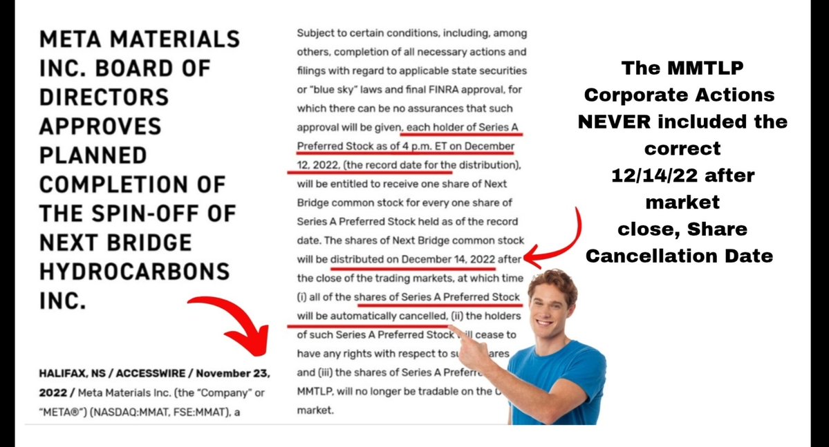 RareDealsHere's tweet photo. Think about the timeline! 

FINRA U3 halted MMTLP before the start of the Friday 12/9/22 trading day.

Immediately investors were confused and complaining to both FINRA and the SEC, but still uncertain if trading might resume on 12/12.

On Sunday 12/11/22, Robert W. Cook is telling every FINRA employee at multiple offices across the United States to stay home unless it's absolutely necessary to come in, and Stephanie Dumont is planning to meet with the SEC via Zoom the following day to discuss MMTLP.

WHAT WAS ENFORCEMENT DOING DURING THIS TIME???

Did they just ignore the fact that every FINRA employee was being told to stay home? 

FINRA announces Hopper's departure in January, she leaves in February, and the first FINRA MMTLP FAQ came out in March. 

What this shows is that the entire time from the halt to Hopper's departure, MMTLP was definitely a major focus at FINRA. 

Never before had there been an FAQ concerning a single ticker. FINRA then had to revise the first and eventually put out a supplemental FAQ.

Are we supposed to believe that Hopper's departure was unrelated?

Isn't it ironic that Hopper, not long before the halt fined Robin Hood a record $70M for misleading millions of customers?!

This describes FINRA's actions in regards to MMTLP! 

FINRA ignored the multiple reasons to NOT process the MMTLP Corporate Action including the suspicion of fraud/manipulation before the first Corporate Action was published...

FINRA overstepped their authority, authoring the Corporate Action including dates that didn't come from the issuer. 

Then FINRA met with the DTCC/NSCC to discuss the Corporate Action without the issuer being present, resulting in another revision on 12/8 that the issuer wasn't involved with.

In FINRA's March 2023 FAQ they claimed that the MMTLP Corporate Actions created by FINRA were consistent with what the companies previously disclosed to the public but this was a LIE!

The Next Bridge Hydrocarbons/Metamaterials/MMTLP Corporate Action was supposed to be focused on a 1 for 1 Exchange that would occur on 12/14/22 after the close of business New York Time, after which all shares of MMTLP would be Cancelled. 

FINRA's MMTLP Corporate Actions were both focused on the zero hour of 12/13 (40 hours before the planned EXCHANGE). 

FINRA's first Corporate Action misled investors into believing share cancellation was changed to the zero hour of 12/13 (removing 40 hours of settlement time, the equivalent of two trading days)...

Then, in the revision FINRA didn't include a correction to the share cancellation date so brokerages continued to tell their clients that 12/13 was the share cancellation date, but they also conveyed that trading would occur on 12/9 and 12/12, but only Position Close Only transactions.

Other brokerages began to inform clients with short positions that they'd begin to force liquidate those positions if they weren't closed by the end of the 12/9 trading day.

Why didn't FINRA step in to provide clarity when these messages began to be sent to clients on 12/7?

The DTCC/NSCC clearly saw what was coming and they seemingly told FINRA what changes to make to the MMTLP Corporate Action. (I'm basing this theory on the evidence)

FINRA proceed to make the 12/8 MMTLP Corporate Action focused on symbol deletion occurring at the zero hour of 12/13. This resulted in an Exchange occurring before the actual planned 12/14 exchange. 

FINRA's exchange involved every brokerage exchanging the "MMTLP" they held for a dummy/internal cusip that some brokerages claimed were Next Bridge Hydrocarbons shares.

This is impossible because Next Bridge Hydrocarbons didn't allocate the Next Bridge shares until 12/14/22, just as they said they would.

This is the definition of misleading!
@FBILosAngeles @FBILouisville @VP