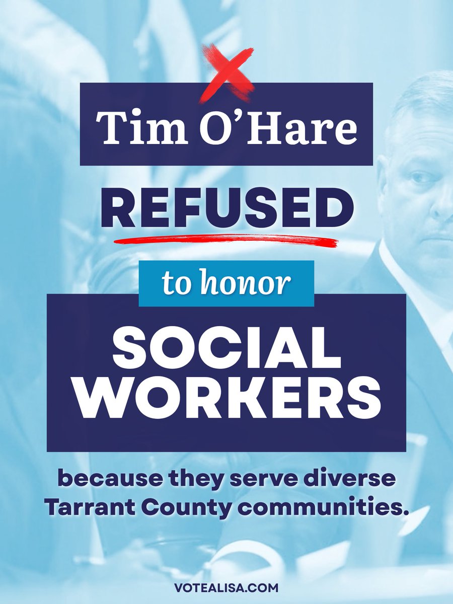 CommALSimmons's tweet photo. Tim O’Hare refused to support a resolution honoring Tarrant County Social Workers for their service to families in our diverse community.

Social workers are on the frontline of making sure our community members are safe and healthy.

I am running for County Judge because our residents deserve leadership that is committed to supporting all families.

#AlisaSimmonsForCountyJudge #AllEyesOnTarrant #CountyWorkers #SocialWorkers