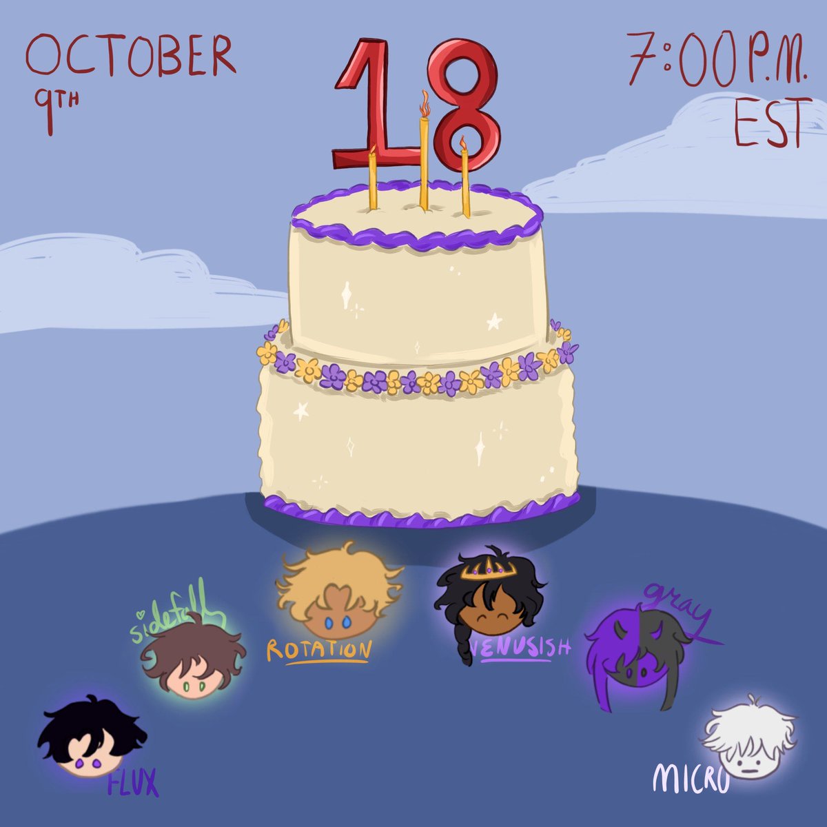 hvyrotation's tweet photo. I'm turning 18! I'll be hosting a birthday stream on Friday, October 9th at 7pm EST with my friends:

@venusishh
@sidefallisaliar
@graybytheway
@fluixon
@microghostyt

apparently, sidefall has "something to show us" ... https://t.co/hOJYSseiRM