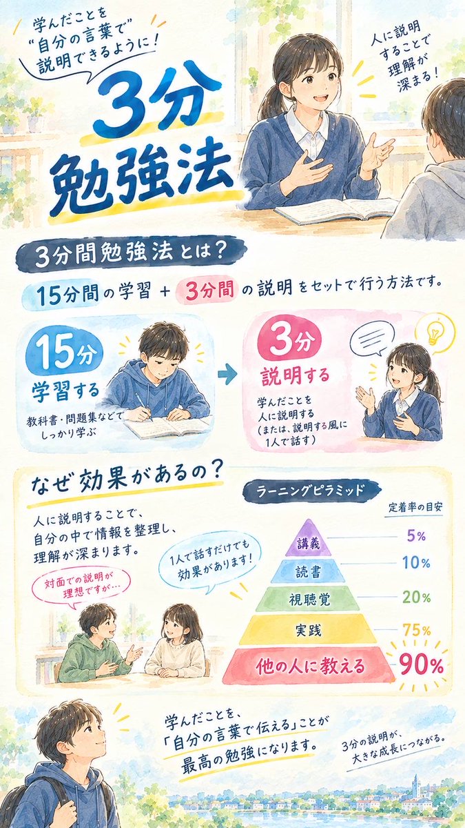 borderfreechiba's tweet photo. 明日から試せるおすすめの勉強法2選

1️⃣3分間勉強法
15分学習したら、3分で「人に説明する（または1人で話す）」🗣️

2️⃣英単語の効率的な覚え方
「見る ➔ 思い出す ➔ 使う」のサイクル♻️

他にも役立つ勉強法を更新予定！
お問い合わせはプロフのリンクから！  

#習志野市 #学習支援 #勉強法 #英語 https://t.co/YCm3WBcVqX