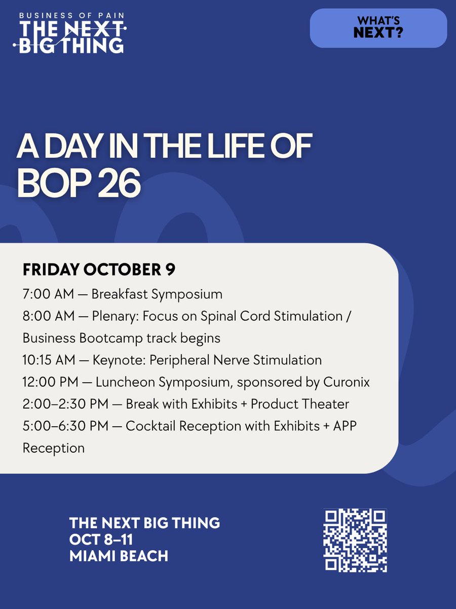 scorah_ssmb's tweet photo. 📅 Mark your calendars for an action-packed day at BOP 26: The Next Big Thing! 

Join in Miami Beach from Oct 8-11 for cutting-edge discussions on interventional pain management.

Scan the QR code or click the link below to register:
🔗 https://t.co/UdUNlmHxEj

#SCORAH #BOP https://t.co/HhUv5MacDh