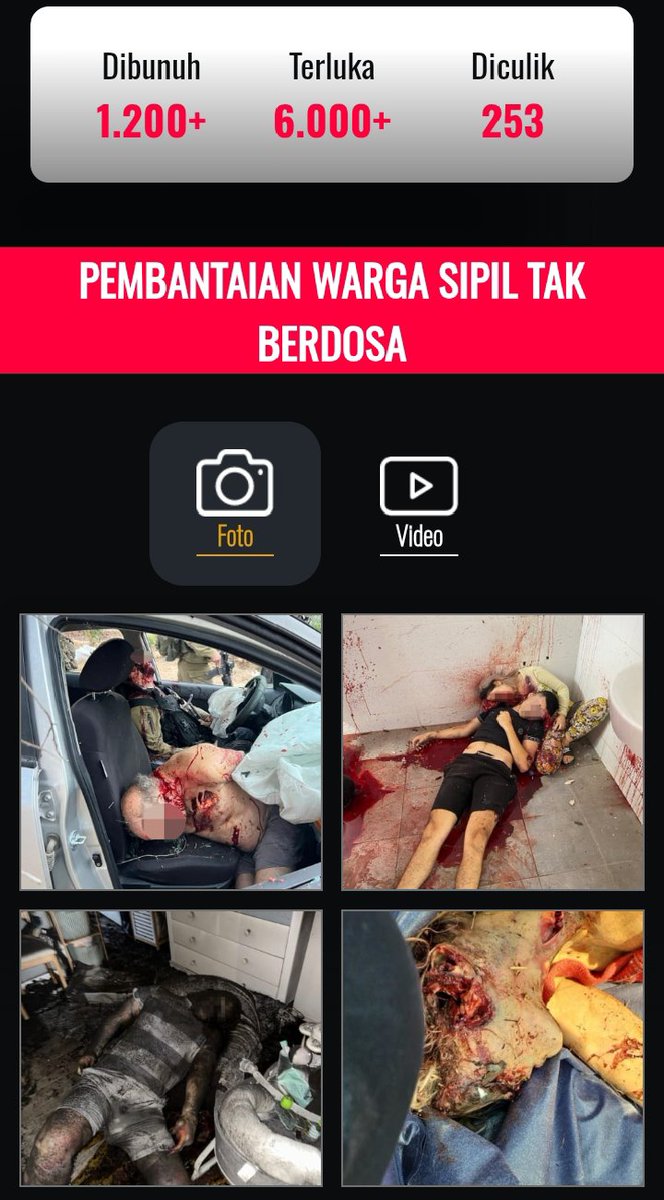 vianratulangi's tweet photo. 7 Oktober 2023
PEMBUNUHAN MASSAL oleh HAMAS:
Dokumentasi Kejahatan Terhadap Kemanusiaan

⚠️PERINGATAN:
FOTO DAN VIDEO GRAFIS⚠️

https://t.co/lAcWyyb7CU https://t.co/yC8jFyB5Qa