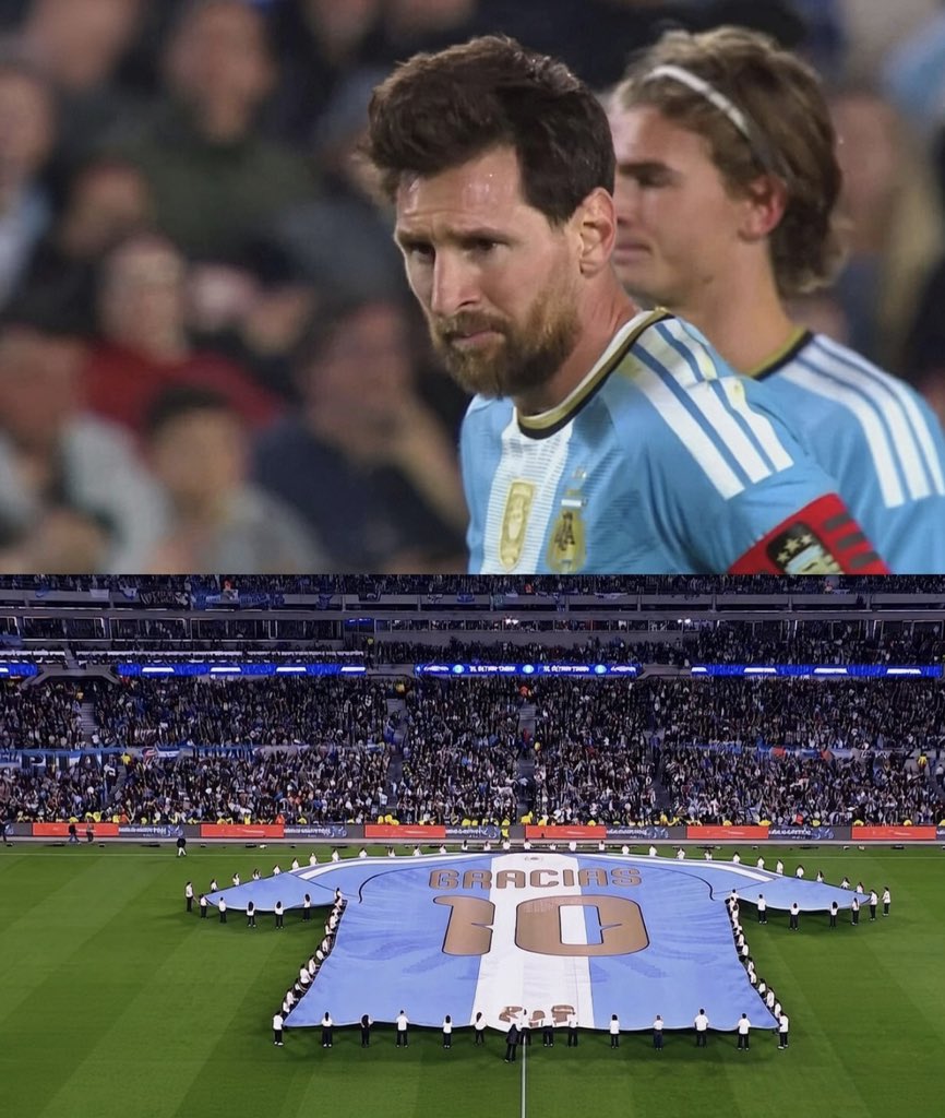 appiecule's tweet photo. What happened today during Messi’s farewell with Argentina is the literal definition of class.

It started with Messi riding on an open-top bus with “Thank you forever, Captain” written on it. When he heard the fans singing, “Hand in hand with Messi, we’ll celebrate together,” he broke down in tears. He couldn’t believe this was his final game.

Then, when he came onto the pitch for the warm-up, everyone was in tears — his mother, his wife, Scaloni and the entire crowd. The game was even stopped in the 10th minute so the fans could give Messi a proper farewell, with the whole stadium erupting in “Olé, Olé, Messi!”

Argentina went on to beat Benin 3–0, with Messi scoring once and providing two assists. That took him to 126 goals and 70 assists for Argentina, making him the player with the most goal contributions in the national team’s history.

Even in his farewell, Messi delivered a hat-trick of goal contributions.

The greatest journey in football history ended with the greatest farewell imaginable. The only comfort is that Messi achieved everything there was to achieve in this journey.

Game over. The final whistle has been blown. 💔