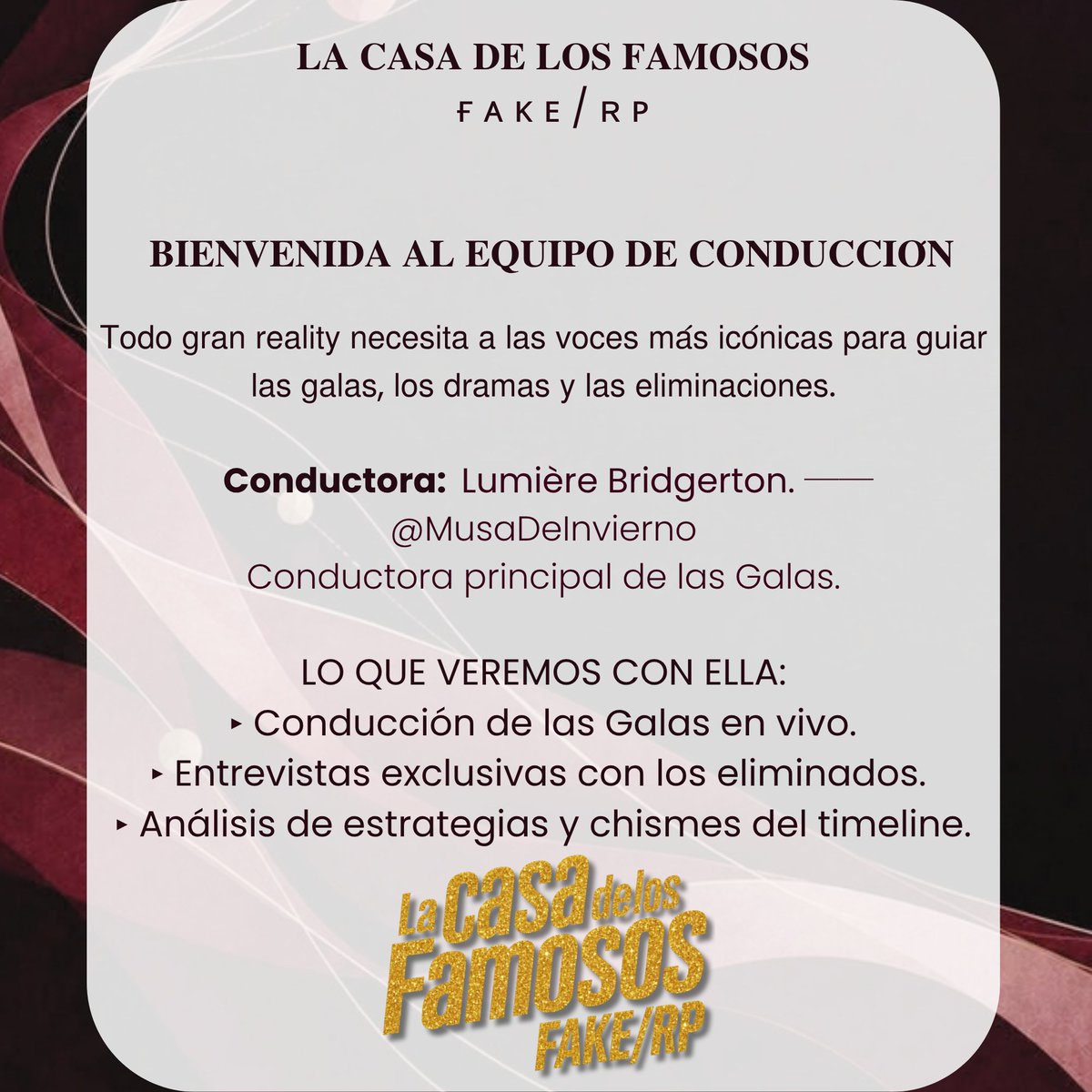 LCDF_FakeRP's tweet photo. 𝐋𝐀 𝐂𝐀𝐒𝐀 𝐃𝐄 𝐋𝐎𝐒 𝐅𝐀𝐌𝐎𝐒𝐎𝐒  ғ ᴀ ᴋ ᴇ / ʀ ᴘ

     𝐁𝐈𝐄𝐍𝐕𝐄𝐍𝐈𝐃𝐀 𝐀𝐋 𝐄𝐐𝐔𝐈𝐏𝐎 𝐃𝐄 𝐂𝐎𝐍𝐃𝐔𝐂𝐂𝐈𝐎́𝐍:
                                   @MusaDeInvierno 

#LCDLF_FakeRP
#ConductoraLCDLFKRP https://t.co/VNegOU4ZKP