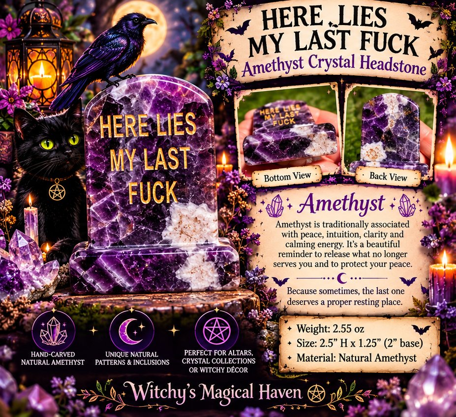 Witchy7's tweet photo. Well… Witchy found the perfect resting place for your very last fuck! These snarky hand-carved crystal headstones are now available in Amethyst and Larvikite, & I only have ONE of each!
https://t.co/WR0b36GWx0
#Amethyst #Larvikite #CrystalCarving #CrystalHeadstone #WitchyHumor https://t.co/u7K1Z12Ilr