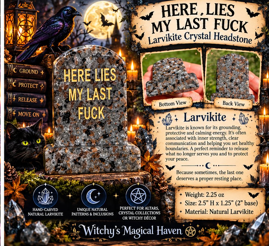 Witchy7's tweet photo. Well… Witchy found the perfect resting place for your very last fuck! These snarky hand-carved crystal headstones are now available in Amethyst and Larvikite, & I only have ONE of each!
https://t.co/WR0b36GWx0
#Amethyst #Larvikite #CrystalCarving #CrystalHeadstone #WitchyHumor https://t.co/u7K1Z12Ilr