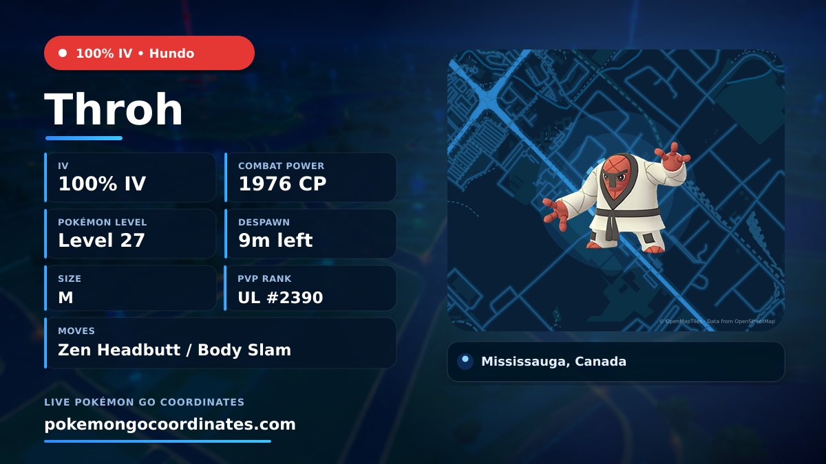 CoordsPokemonGo's tweet photo. Hundo #Throh Wild Spawn
💯 100% IV • 1976 WP • Level 27 • Size M
Moves: Zen Headbutt/Body Slam
🇨🇦 Mississauga, Canada
Despawns in 9 minutes
43.506938,-79.621917
#PokemonGOCoordinates • #PoGoCoords https://t.co/F1Vy7l9swD