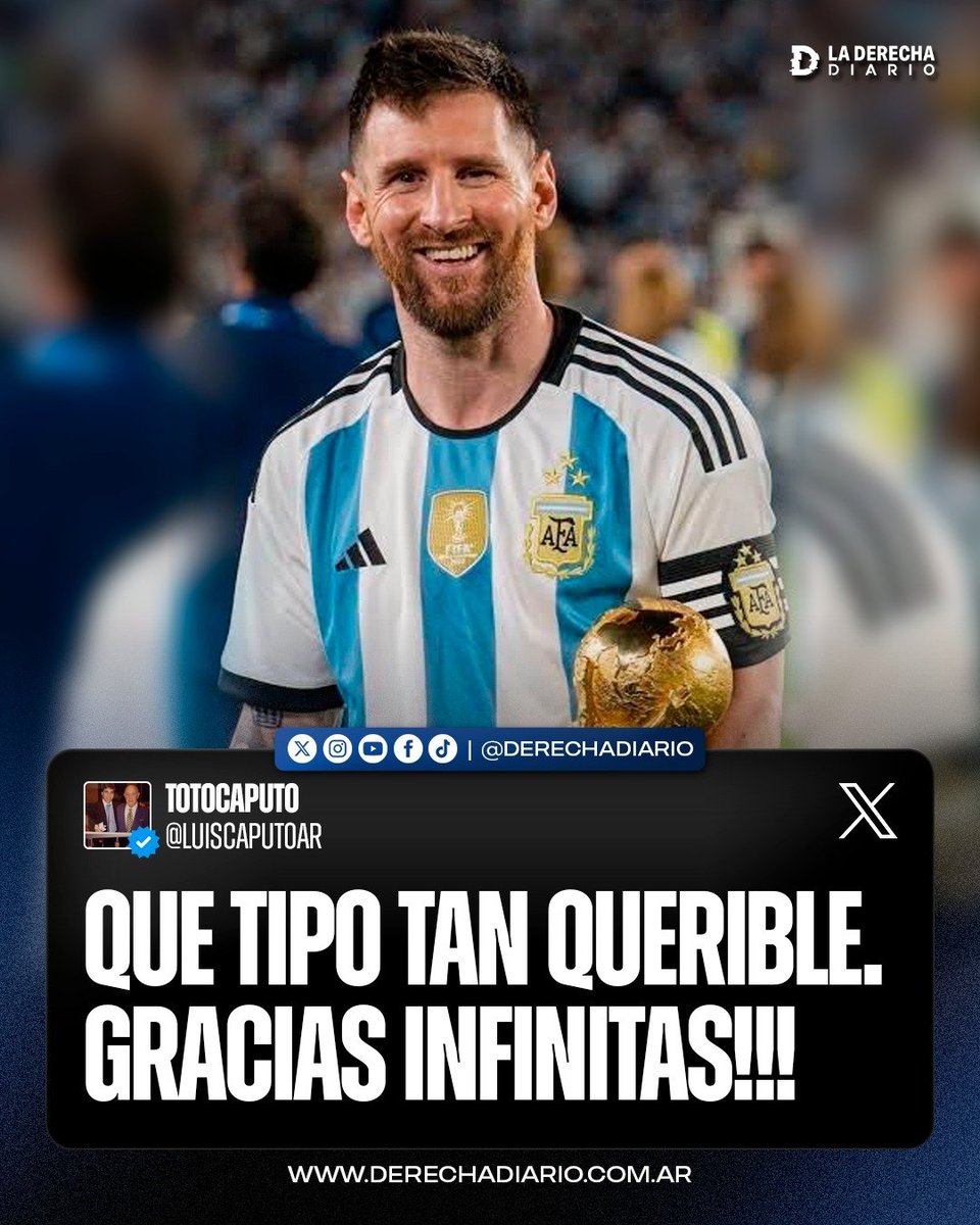 laderechadiario's tweet photo. 🚨🇦🇷 | CAPUTO DESPIDIÓ A MESSI: El ministro de Economía de Milei, Luis Caputo, agradeció al capitán argentino frente a su partido despedida con la Selección.

"Qué tipo tan querible. ¡GRACIAS INFINITAS!". https://t.co/1wYXZ1h8cq