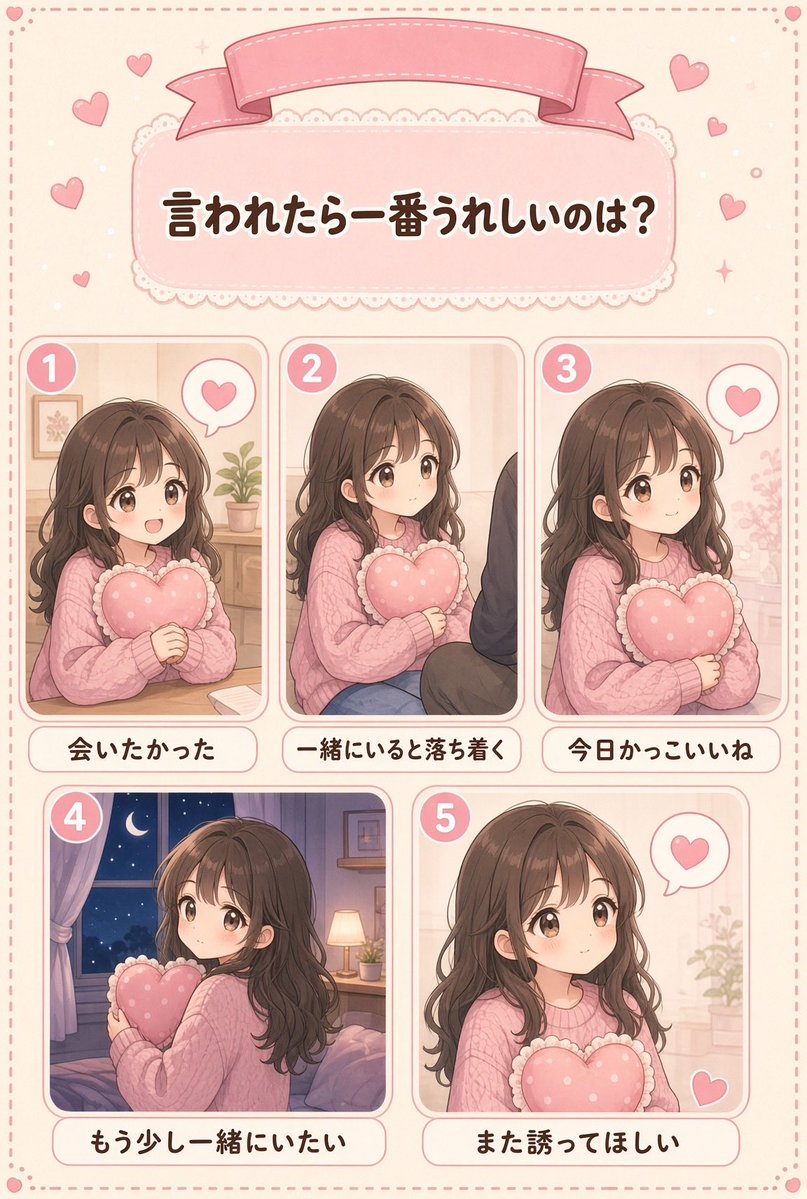 mary557733's tweet photo. 【5択】男性に聞きたい🤭

女性から言われたら一番うれしいのどれ？

① 会いたかった
② 一緒にいると落ち着く
③ 今日かっこいいね
④ もう少し一緒にいたい
⑤ また誘ってほしい

番号だけでも教えて😂

#恋愛
#男性心理
#恋愛相談
#大人の恋愛 https://t.co/R3cUT2yt5q