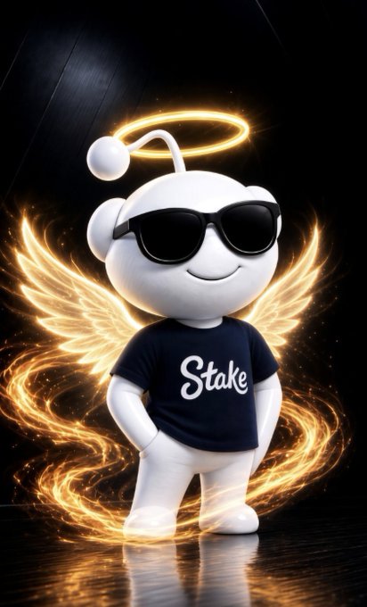 A 3D rendered white character wearing sunglasses, a halo, and a 'Stake' t-shirt, surrounded by glowing fiery wings.