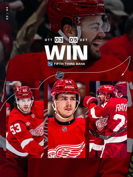 The image is a Detroit Red Wings victory graphic showing a 5-3 win over Ottawa on 03/24, presented by Fifth Third Bank, featuring three player headshots in red jerseys (#53 and #7 "Raymond") celebrating the win with the hashtag #LGRW.