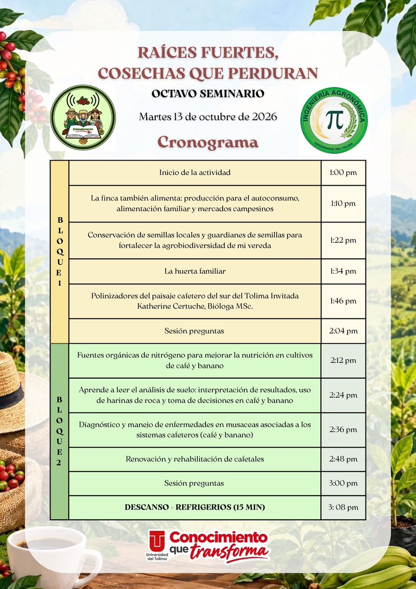 extensionandout's tweet photo. 🌱 ¡Te invitamos al 8.º Seminario “Raíces fuertes, cosechas que perduran”!

Un espacio para compartir conocimientos sobre agricultura, biodiversidad y territorio. 🌾

📅 Martes 13 de octubre
⏰ Desde la 1:00 p. m.
📍 Auditorio del Jardín Botánico

¡Te esperamos!

#ExtensionandoUT https://t.co/ARd4gR1HOH