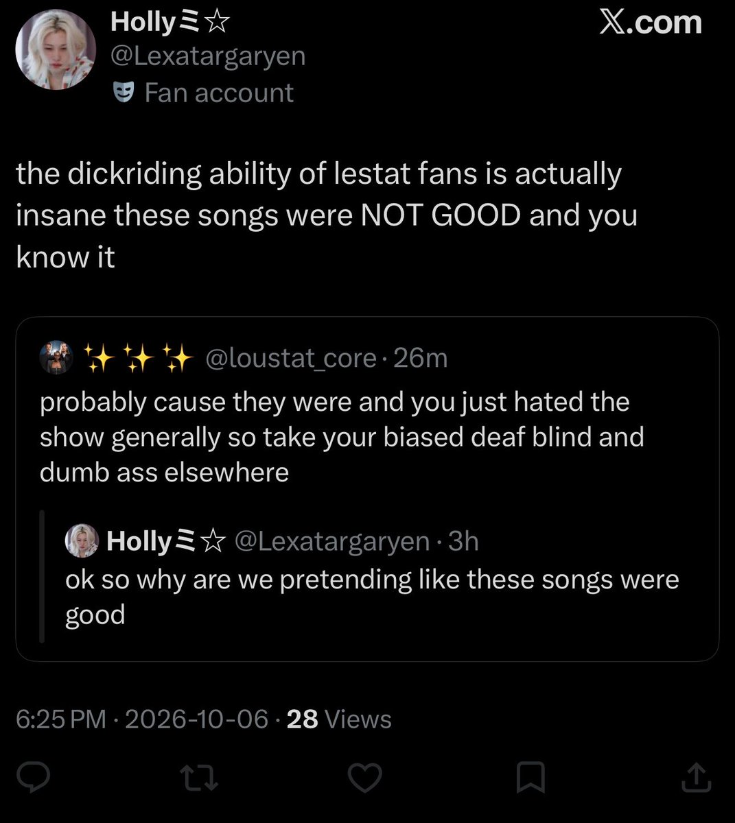 loustat_core's tweet photo. lestat haters are such cowards they hit the block button like it’s their job, also it’s not dickriding to like good music so take yourself back to your kpop cause you taking the fact people like the music weirdly personal is kinda pathetic https://t.co/YVUBTkXQ9c