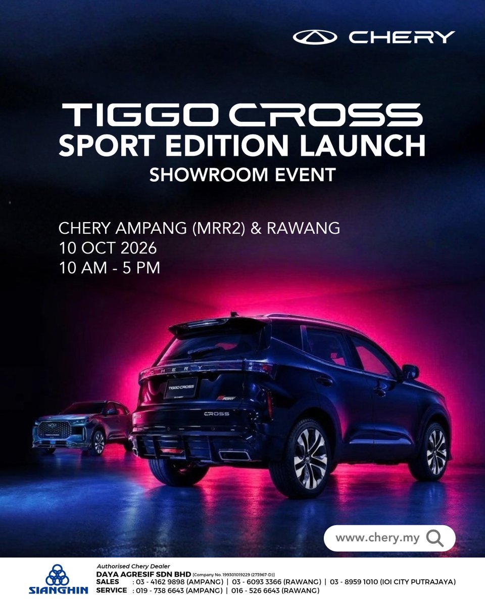 sianghin's tweet photo. The #TiggoCross just got sportier. Join us on 10 Oct at #CheryAmpang & #CheryRawang for the Tiggo Cross Sports Edition launch, plus test drives, current promotions & a kids activity.
*T&Cs apply
#Sianghin #DayaAgresif #CheryIOICityMallPutrajaya #CheryMalaysia #CSH https://t.co/vtU2O4iQJr