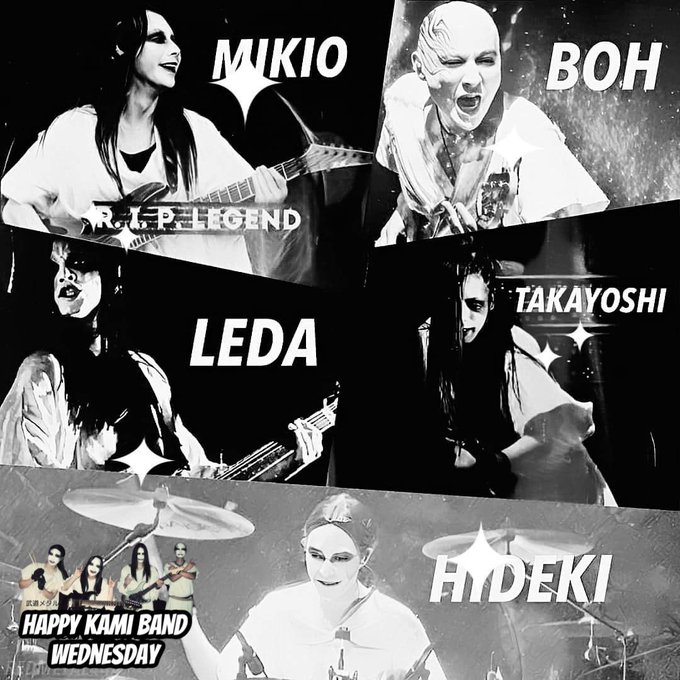 A black and white promotional collage for 'HAPPY KAMI BAND WEDNESDAY' featuring four band members labeled MIKIO, BOH, LEDA, TAKAYOSHI, and HIDEKI, each with their name in stylized text.