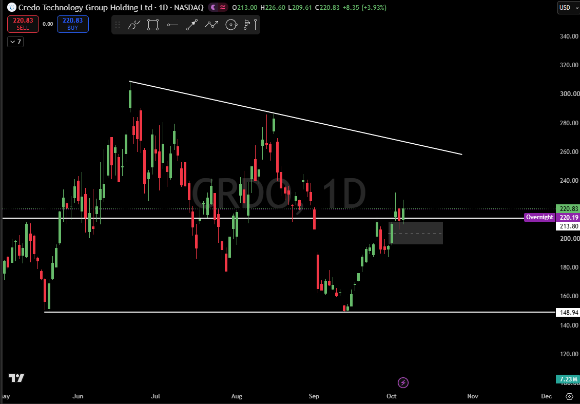 📊 $CRDO PLAN

📍 BUY ZONE: $218.00 – $221.00
🎯 TARGETS: $230.00 ➔ $245.00 ➔ $260.00+
🛑 STOP LOSS: Daily close under $212.50

Inversing the weekly FVG and rec