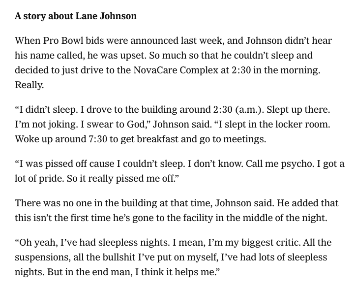 SheilKapadia's tweet photo. Lane Johnson was built different.

This conversation from my time on the beat in 2018 stands out. This was after a 32-30 win over the Texans.

Prioritizing family and mental health is never the wrong choice. Hall of Famer and all-time Eagle. https://t.co/12rh1mdA9r