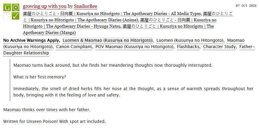 SnailorBee's tweet photo. I wrote a fic for Unseen Poison. Make sure to check out the leftover sale!!!

I got to work with @/pinceauarcenciel who did really amazing spot art for the fic, so make sure to check it out. :D!

Apothecary Diaries | Gen | SFW | 2.9k | 🔗https://t.co/OXMXCEidRo https://t.co/KUJwQovWW3