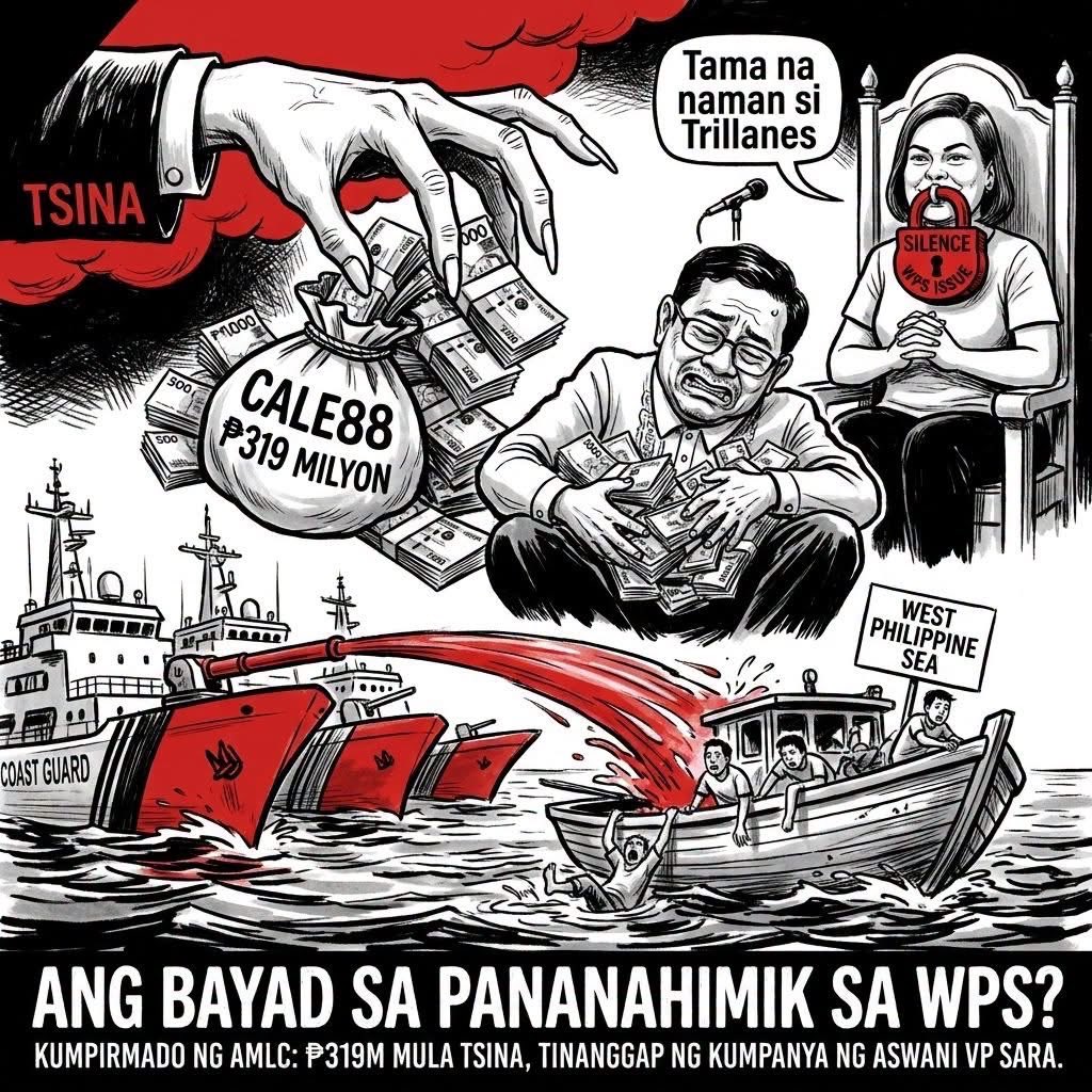 GemoraAudie's tweet photo. TUGMA SA IBINUNYAG NI TRILLANES: ₱319 MILYON MULA CHINA, KINUMPIRMA NG AMLC! 🚨🇨🇳🇵🇭

Opisyal nang kinumpirma ng Anti-Money Laundering Council (AMLC) sa Senate impeachment court na nakatanggap ang kumpanyang Cale88—na pagmamay-ari ng asawa ni VP Sara Duterte na si Atty. Mans Carpio—ng kabuuang ₱319 milyong inward remittances mula sa mainland China at Hong Kong.

Ito ay malinaw na resibo at kumpirmasyon sa mga naunang alegasyon ni dating Senador Sonny Trillanes IV na may milyong-milyong pondo na pumapasok sa pamilya Duterte mula sa isang dayuhang bansa.

Habang patuloy na hinaharass, pinalalayas, at inaapi ng China ang ating mga mangingisdang Pilipino sa West Philippine Sea, ganito naman kalaking pondo ang natatanggap ng kumpanya ng pamilya ng ating Bise Presidente mula sa kanila.

Isang malaking katanungan para sa sambayanang Pilipino: Ito na nga kaya ang dahilan kung bakit tikom ang bibig at nananatiling bingi at pipi si Sara Duterte sa tuwing tinataboy at sinasaktan ang ating mga kababayan sa WPS? Binayaran nga ba ang kanilang pananahimik?

Huwag magbulag-bulagan. Karapatan nating malaman ang katotohanan!#GisingPilipinas