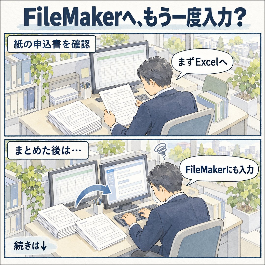 MICKS_FileMaker's tweet photo. 紙の申込書を受け取り、内容を確認。
Excelにまとめたあと、FileMakerにも入力する。
システムは使っているのに、データを入れるところだけ人の手が離せない。#ファイルメーカー
ここを見直せたら。↓ https://t.co/2ym0YRZy38