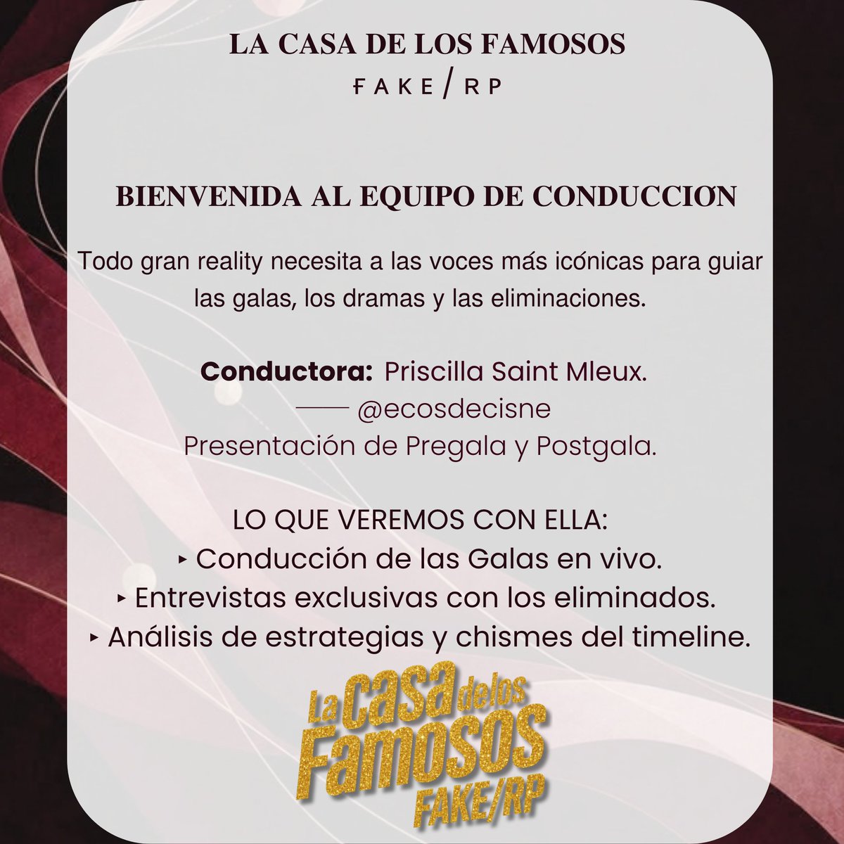 LCDF_FakeRP's tweet photo. 𝐋𝐀 𝐂𝐀𝐒𝐀 𝐃𝐄 𝐋𝐎𝐒 𝐅𝐀𝐌𝐎𝐒𝐎𝐒  ғ ᴀ ᴋ ᴇ / ʀ ᴘ

     𝐁𝐈𝐄𝐍𝐕𝐄𝐍𝐈𝐃𝐀 𝐀𝐋 𝐄𝐐𝐔𝐈𝐏𝐎 𝐃𝐄 𝐂𝐎𝐍𝐃𝐔𝐂𝐂𝐈𝐎́𝐍:
                                   @ecosdecisne 

#LCDLF_FakeRP
#ConductoraLCDLFKRP https://t.co/ihazHkTNjK