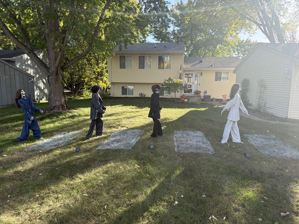 ChipHeron's tweet photo. Halloween skeletons are all set up for the year. 2026-Abbey Road. Get this featured on the news it would make my wife’s year! @WCCO  @kare11 @FOX9 @ian_leonard @WCCOShaffer @erinreportsTV https://t.co/rNuG2YTO9f
