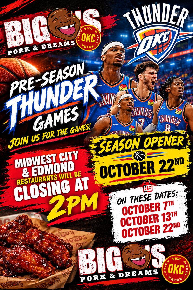 BigOsBBQOKC's tweet photo. OKC, It’s Almost Time 🏀⚡️
Cheer On The OKC Thunder With Us 💙🧡 ~ Paycom Center (Sec. 110)!! #ThunderUp #BigOs #PorkAndDreams #OKCThunder #FollowTheSmokeCloud https://t.co/3Y5VjHkfsF