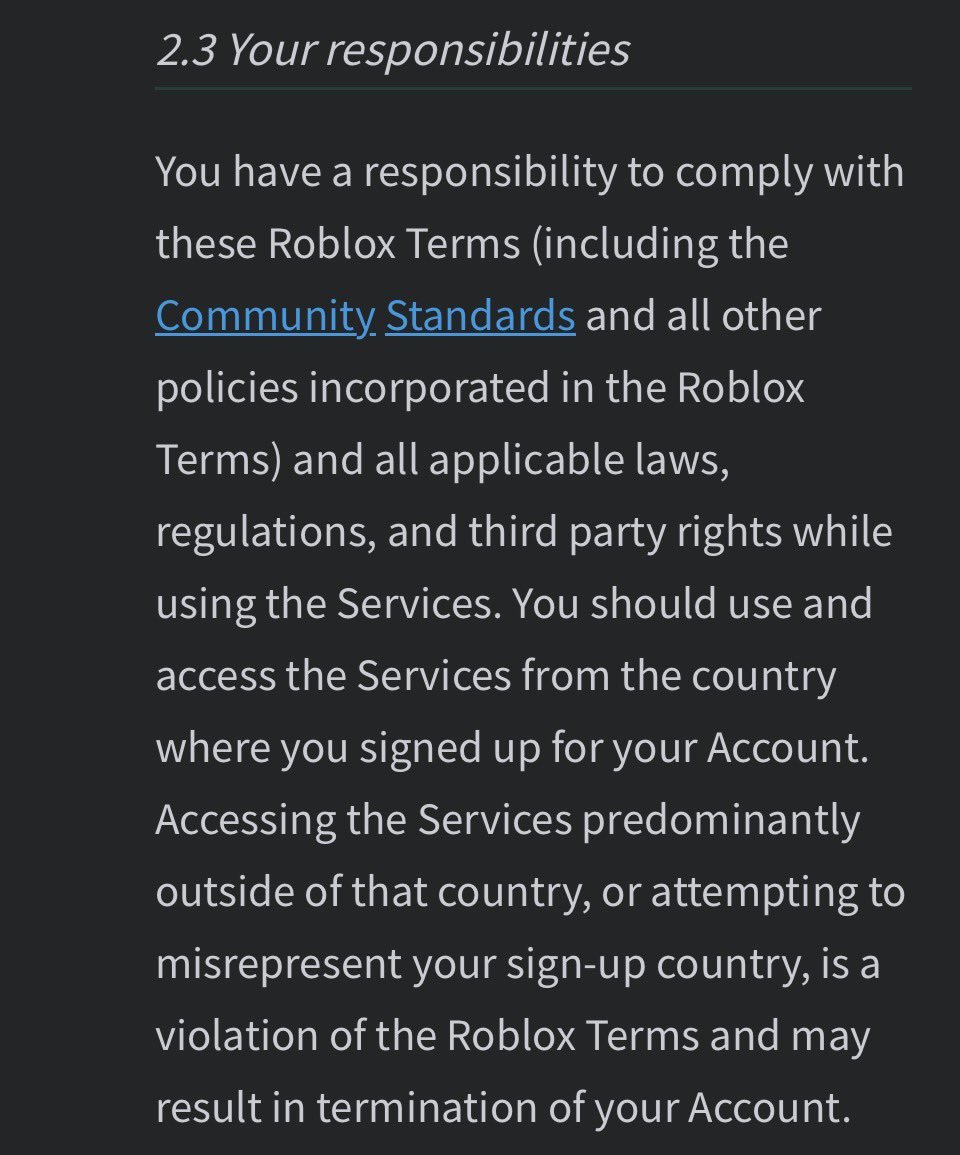 xd_k3vin's tweet photo. Is this new ToS real?
If it's real, a lot of players from banned country like Turkey will be heavily affected
@Roblox_RTC any thought about this? https://t.co/nxGhBJpJCQ