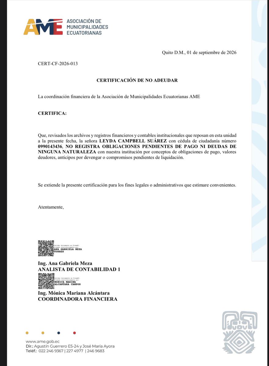 leydacampbell5's tweet photo. Pin pon en @GeneralEcuador. Tengo un caso personal que se remite a estos documentos pero las áreas de recaudación y coactiva no resuelven. AME en su momento certificó que no tengo deudas; pero mis cuentas siguen intervenidas.  Urgente!!!. Es mi dinero!!! https://t.co/lnuLNMLf5V