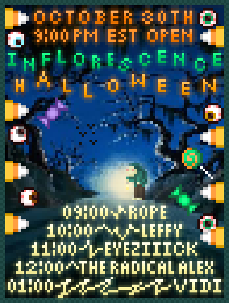 INFLORESCENCEVR's tweet photo. We're welcoming All Hallows Eve, ALL night long on October 30th at Inflorescence with LNJ!

🎃2026/10/30 (Friday)
👻09:00PM - 02:00AM (EST)
🎃Join Group+

🎵LINEUP🎵
🍬09:00 @RopeVRC 
🍭10:00 @Leffy_Nu 
🍬11:00 @eyeziiick 
🍭12:00 @TheRadicalAlex 
🍬01:00 @VrVidi 

#INFLORESCENCE https://t.co/yeEbVYhNZM