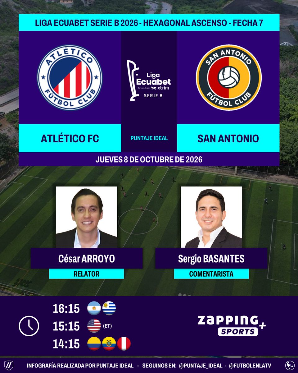 PuntajeIdealEC's tweet photo. ⚽ #LigaEcuabet #SerieB 🇪🇨 | #AtléticoFC vs. #SanAntonio
🎙 Relator: @carroyoscruz
🎙 Comentarista: @sbasantes92 
💻📱 #ZappingSports + 🇪🇨 (Canal 16)
💻📱 #Youtube de @LigaEcuabetec
🤳 #ZappingPremium
Dale RT 🔃 https://t.co/pzRxrbrxaZ