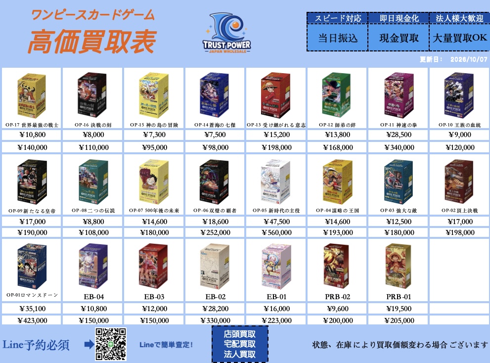 trustpowertcg's tweet photo. 10/7(水)#ワンピースカード 買取価額
👉ご来店する前に、予約必須 お問い合わせ・ご来店予約は、LINEでお願いしますhttps://t.co/LEYIW2MXml
#TCG #cardshop #トレカ #Pokemon #ポケモンカード #ポケカ #ONEPIECE #ワンピース #BOX #カートン #PSA10 #ポ��モン #遊戯王 #ワンピースカード #トレーディングカード #再販 #抽選 #買取 #買います #最高値 #シュリあり #テラスタルフェスex #テラスタルフェス #テラスタル #バトルパートナーズ #熱風のアリーナ #ロケット団の栄光 #ロケット団 #ブラックボルト #ホワイトフレア #メガドリーム #メガ #メガブレイブ #メガシンフォニア #ブラックボルト #ホワイトフレア #マックドナルド #トウホク #ヒロシマ #フクオカ #ピカチュ